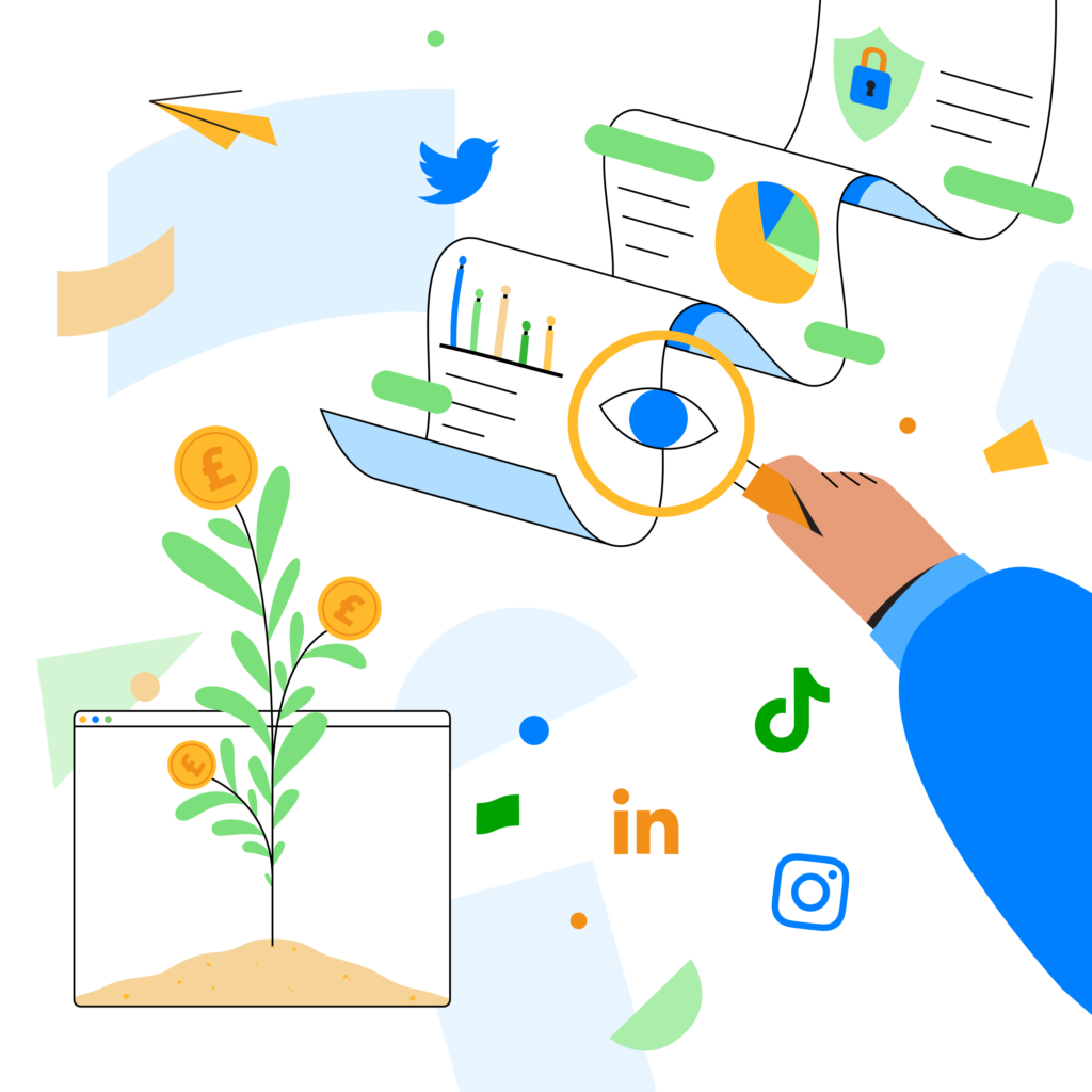 Decorative hero image of hand using magnifying glass to look at data, surrounded in social media icons, email icons and symbolism of growing your income through improved online presence